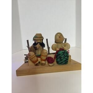 Vintage USSR Wood Folk Art Man With Pipe & Woman Knitting dated 1963